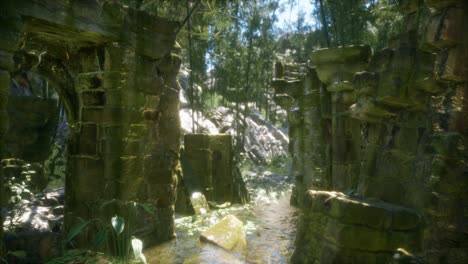 Casa-De-Piedra-Antigua-En-Ruinas-Cubierta-De-Plantas-Y-Helechos-En-Un-Denso-Bosque-Verde